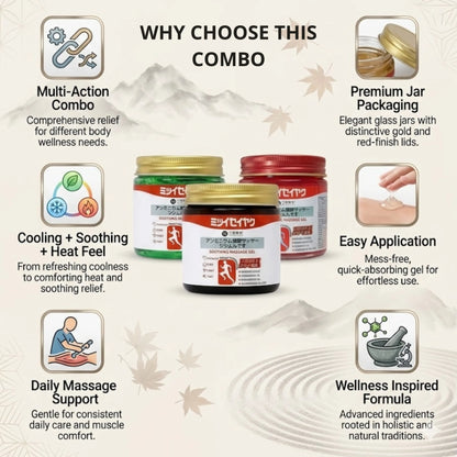 Combo of 3 Japanese Massage Gels – Cooling, Soothing & Warming Body Relief Gel