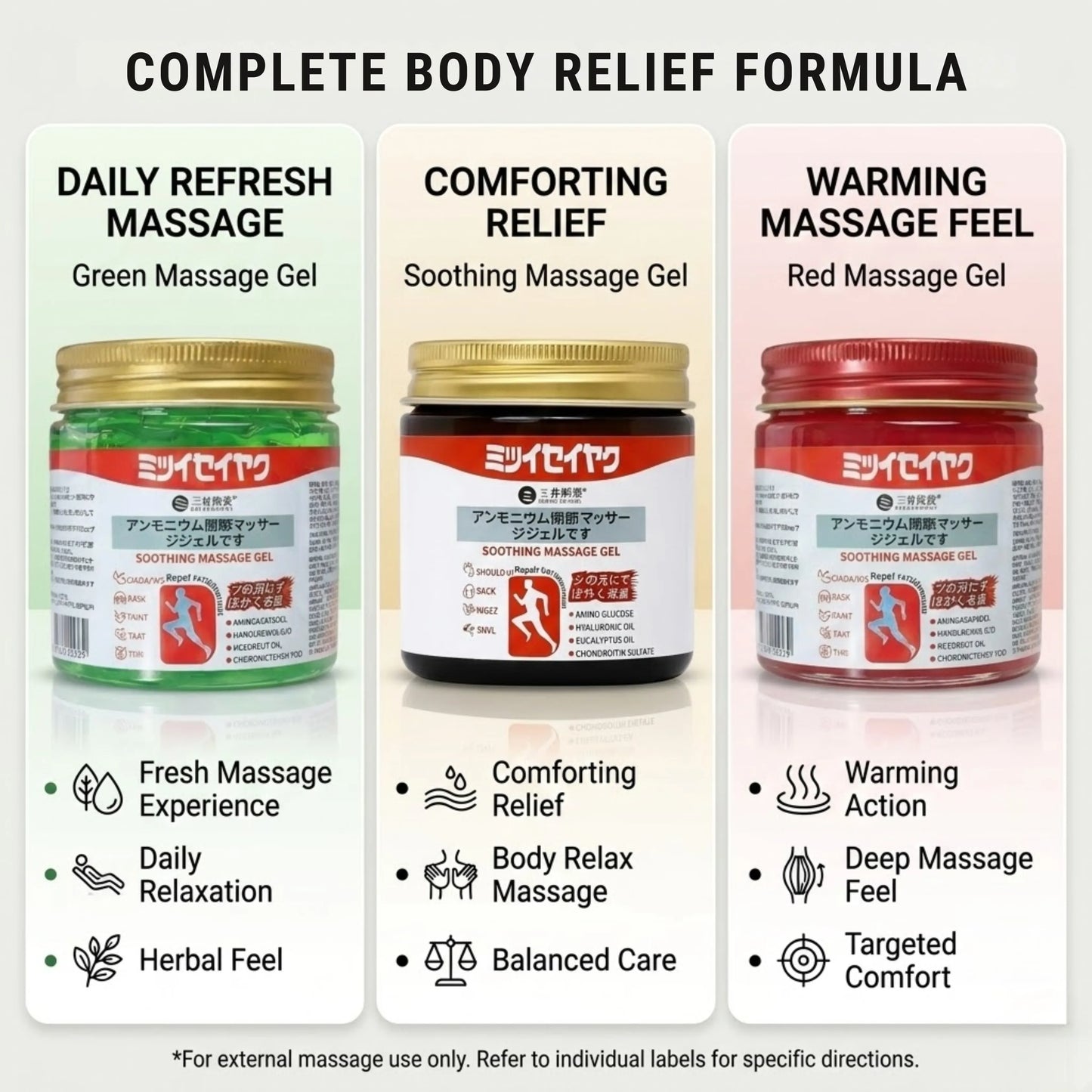 Combo of 3 Japanese Massage Gels – Cooling, Soothing & Warming Body Relief Gel