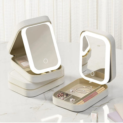USB Rechargeable Travel Cosmetic Organizer with LED Mirror