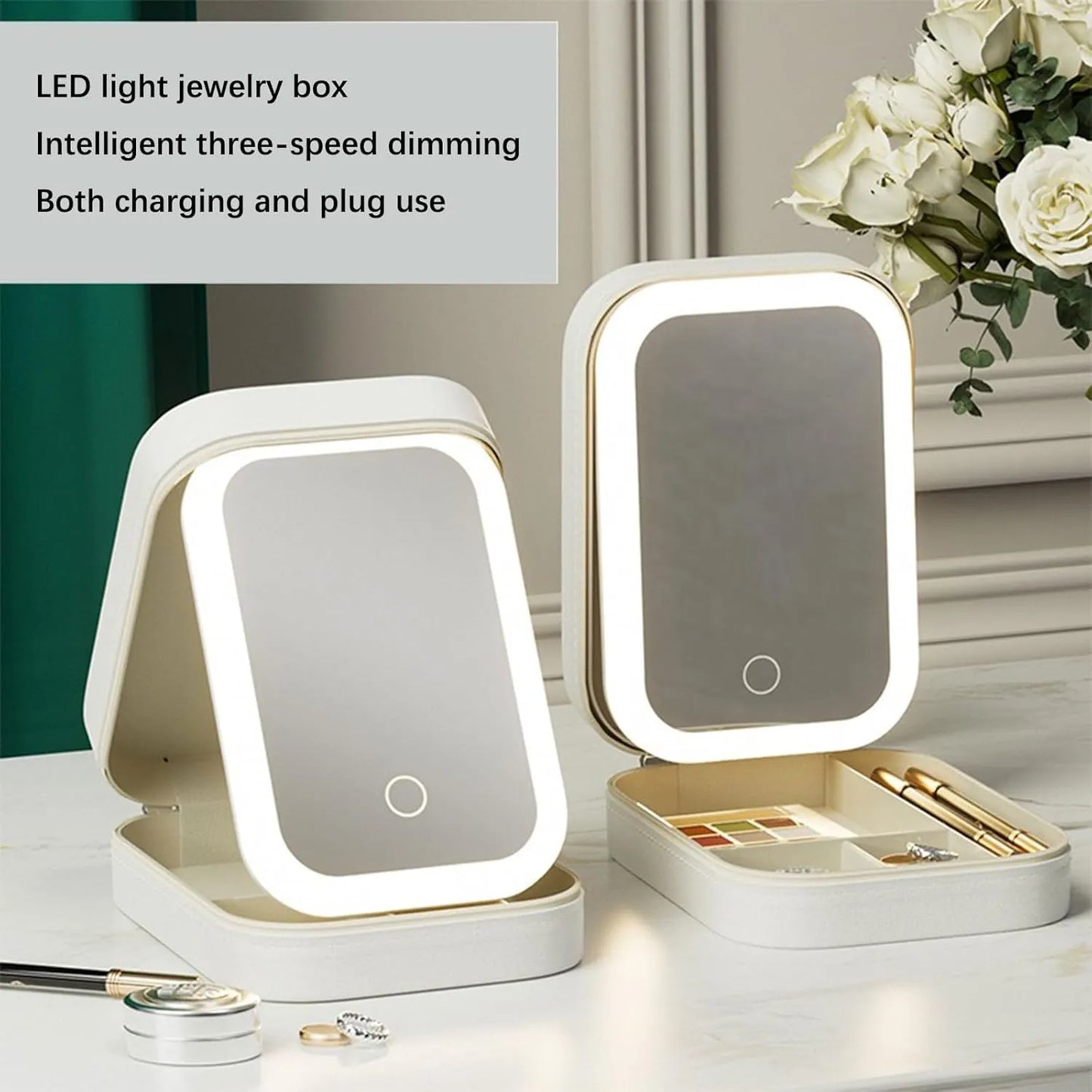 USB Rechargeable Travel Cosmetic Organizer with LED Mirror