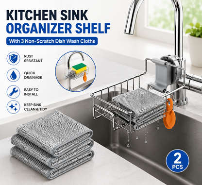 2 Pcs Kitchen Sink Organizer Shelf with 3 Non-Scratch Dish Wash Cloths