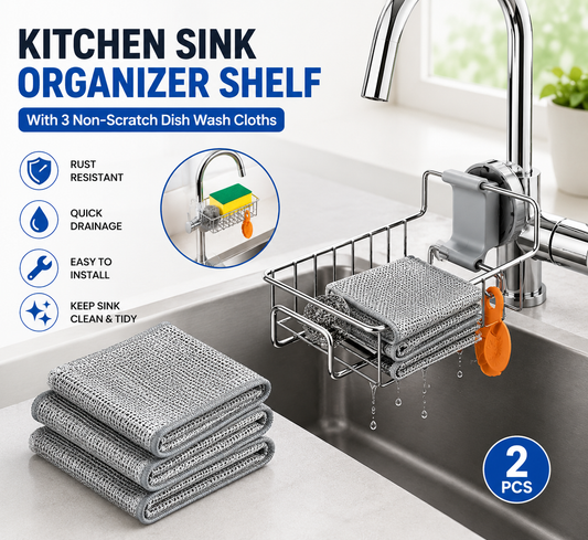 2 Pcs Kitchen Sink Organizer Shelf with 3 Non-Scratch Dish Wash Cloths